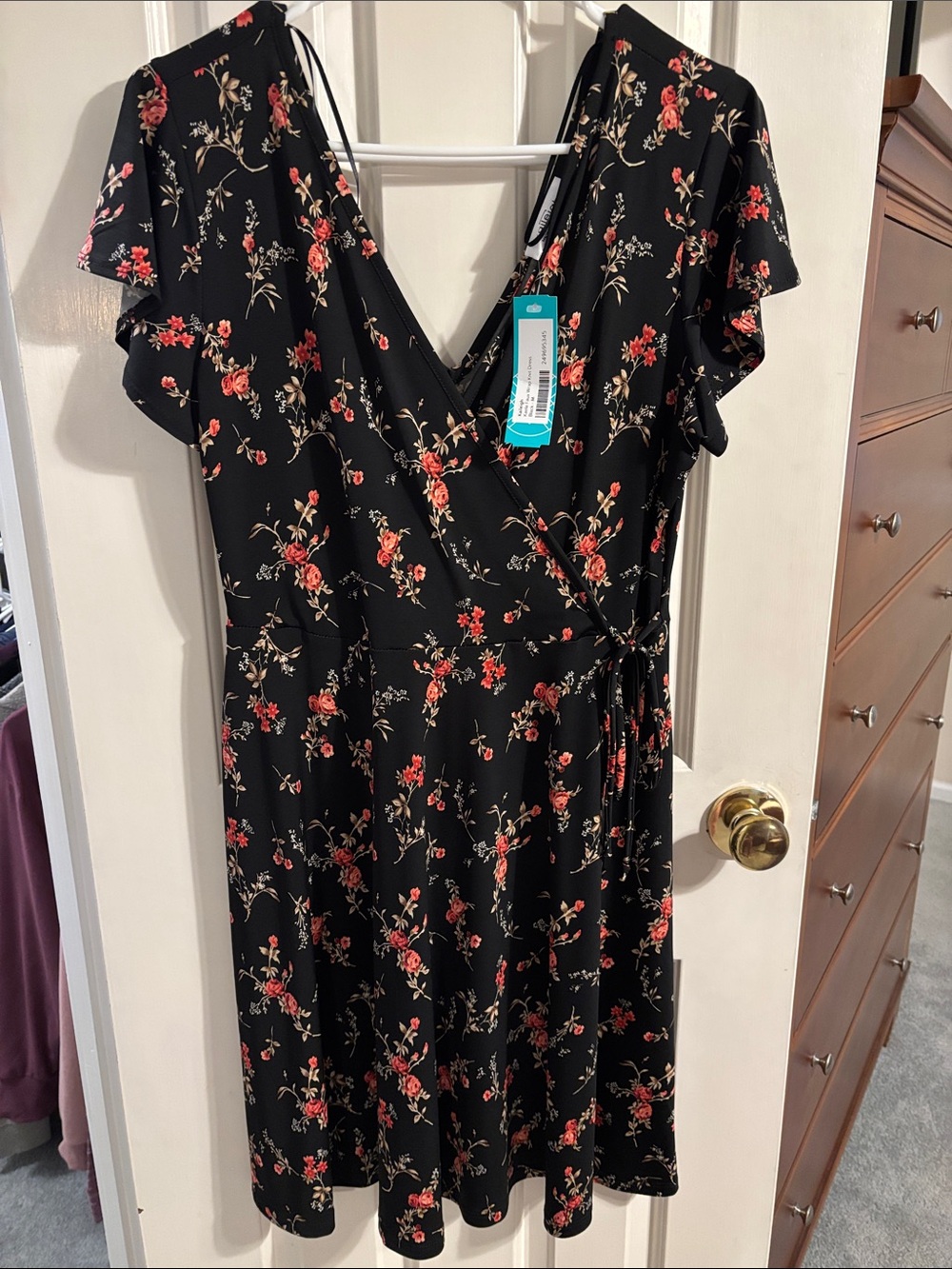 Kaileigh Black Floral Wrap Dress with Red and Cream Blooms